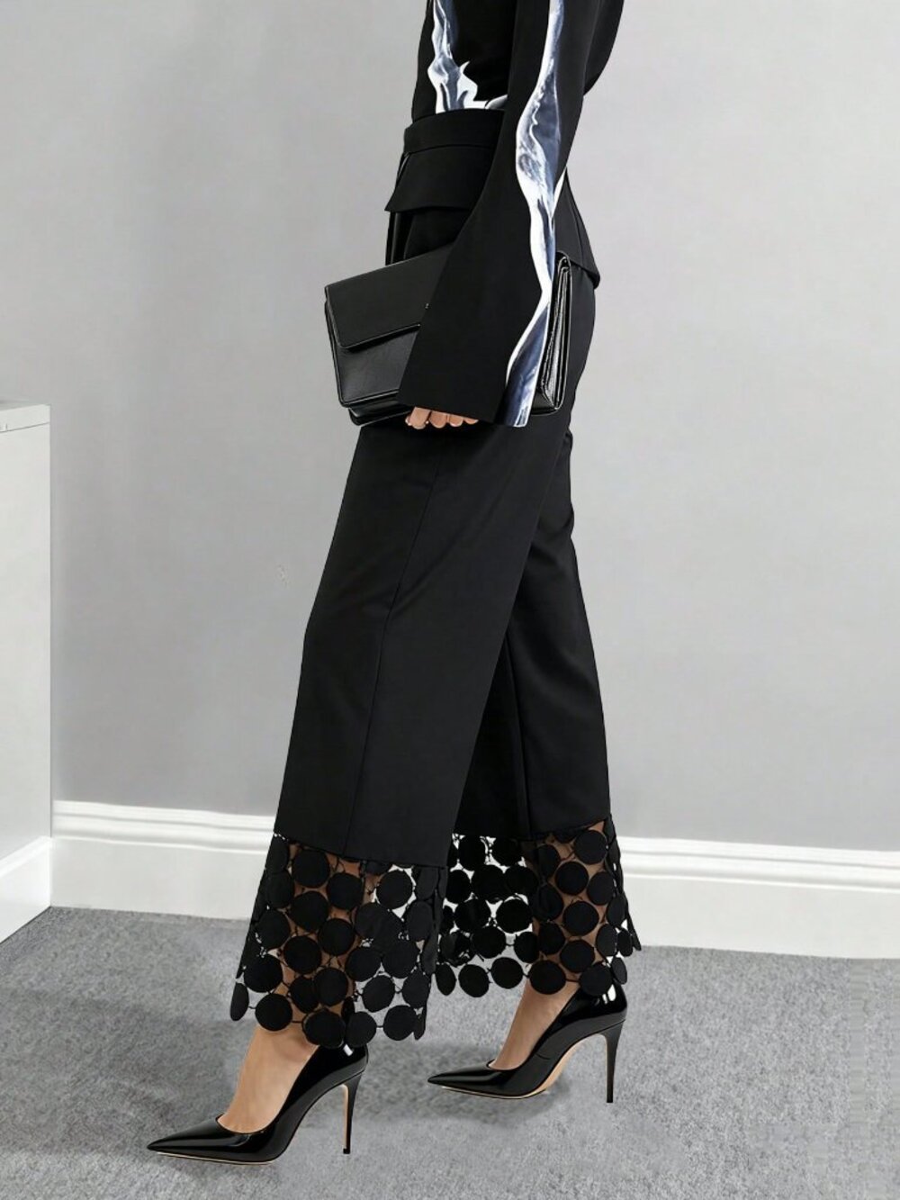 Black Elegant Women's Pants With Lace Hem And Polka Dot Design - Picture 5 of 5